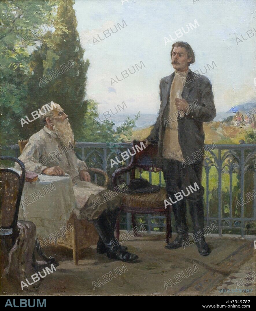 ALEXEY IGNATYEVICH KIRILLOV. Maxim Gorky visiting Leo Tolstoy in Gaspra on 1902.