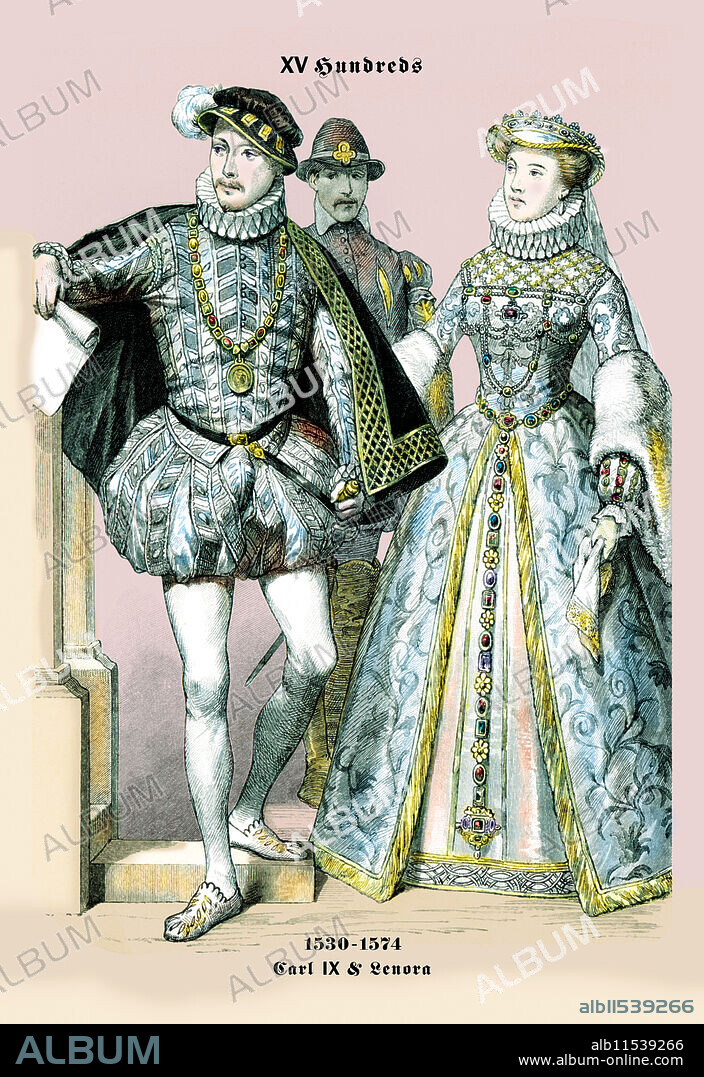 Illustrated plate from the book, "The History of Costume" by Braun & Schneider - c.1861-1880.  The "History of Costume" or "Zur Geschichte der Kostüme" was printed from 1861 to 1880 in Munich by the publishing firm of Braun and Schneider. It was originally published as individual plates in a German magazine titled "Münchener Bilderbogen". Later, these plates were collected and bound into book form. The total publication consisted of 125 pages, with four pictures per pages, for a total of 500 costume designs. These plates consisted of historical dress from antiquity to the end of the 19th century.