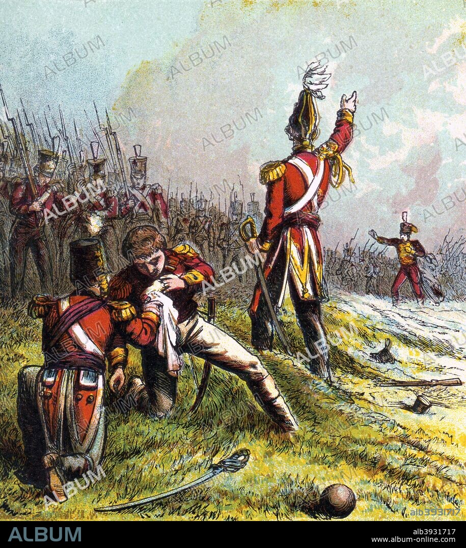 'Death of Sir John Moore, 1809', (c1850s). Moore (1761-1809) commanded the British forces at the Battle of Corunna (La Coruna), Peninsular War, Spain 16 January 1809. Retreating from a much larger French army commanded by Marshal Soult, the British were able to hold the French off long enough to be evacuated by sea. Moore was mortally wounded in the battle, and was buried at midnight in La Coruna Citadel. He was the subject of Charles Wolfe's poem The Burial of Sir John Moore, published in 1817. Colour plate taken from the book Pictures of English History, George Routledge And Sons, (London, New York, c1850).