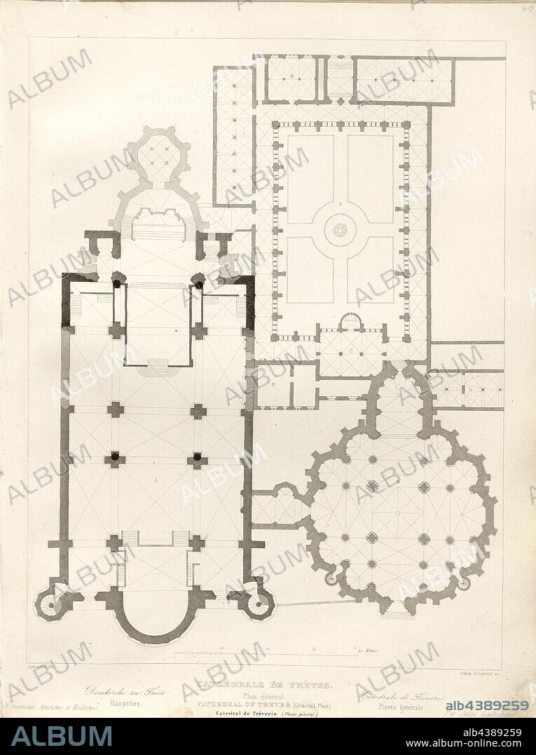 Cathedral of Trier. General plan, Floor plan of the cathedral and the Liebfrauenkirche in Trier, signed: Amoudru del, Caillat et Lejeune sc, Fig. 61, p. 209, Amoudru (del.); Calliat, Victor (sc.); Lejeune, E. (sc.), 1853, Jules Gailhabaud: Monuments anciens et modernes: collection formant une histoire de l'architecture des différents peuples à toutes les époques. Paris: Librairie de Firmin Didot frères, 1853.