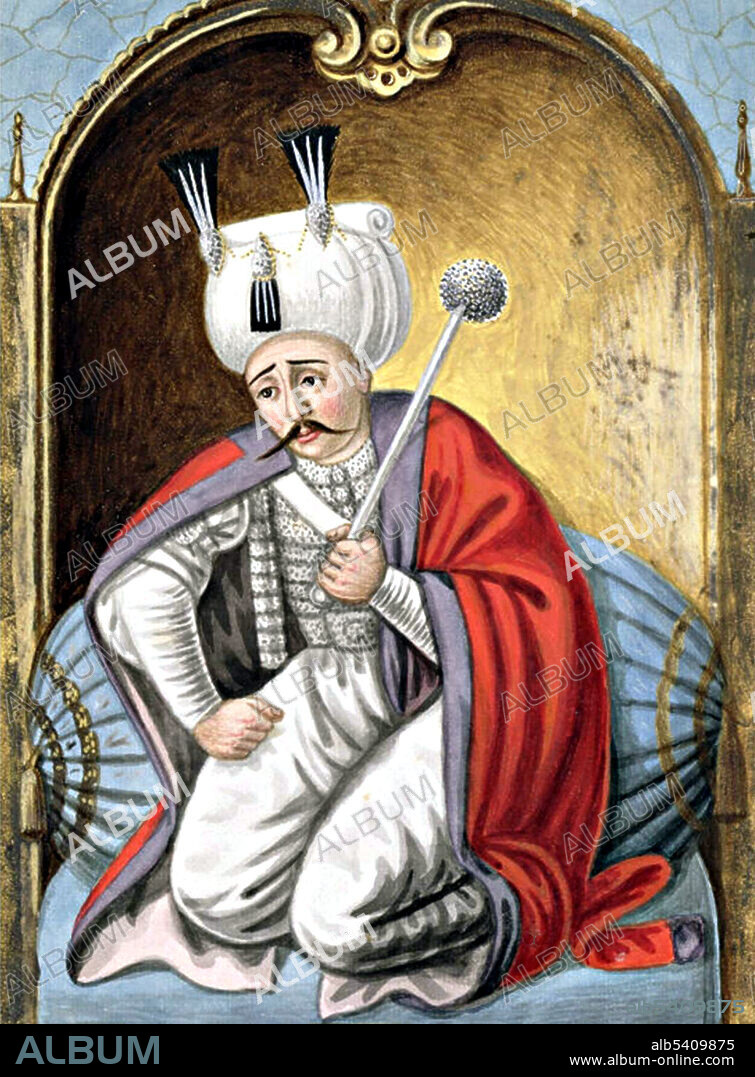 Selim I (October 10, 1470 - September 22, 1520) was a Sultan of the Ottoman Empire (1512-20). On the eve of his death, the Ottoman Empire spanned about 576,900 sq mi, having grown by 70% during his reign. His conquest of the Middle Eastern heartlands of the Muslim world, and his assumption of the role of guardian of the pilgrimage routes to Mecca and Medina, established the Ottoman Empire as the most prestigious of all Sunni Muslim states. His conquests shifted the empire's geographical and cultural center of gravity away from the Balkans and toward the Middle East. He died possibly of an anthrax infection, cancer, poisoning or the plague. A Series of Portraits of the Emperors of Turkey by John Young, 1815.