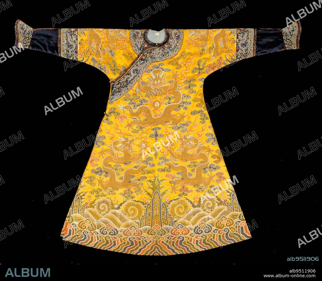 Manchu Woman's Semiformal Court Robe, early 18th century, L.55 1/2 in., back seam, Silk brocade and embroidered satin, China, 18th century, The color and decoration of early eighteenth-century court robes were strictly regulated. The robes are distinguished by large dragons and the prominent mountain and spiral wave patterns of their hems. The mountains, clouds, waves, and dragons comprised a celestial landscape symbolic of universal order and the imperial court, which carried out the heavenly mandate on earth. Imperial dragon imagery was also standard in the designs of cuffs and collar bands of most court robes.