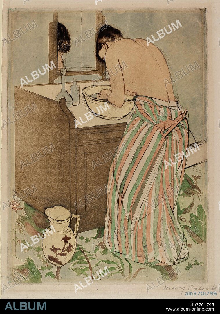 MARY CASSATT. Woman Bathing. Dated: 1890-1891. Dimensions: plate: 36.83 × 26.35 cm (14 1/2 × 10 3/8 in.)  sheet: 42.3 x 30.5 cm (16 5/8 x 12 in.). Medium: color drypoint and aquatint on laid paper.