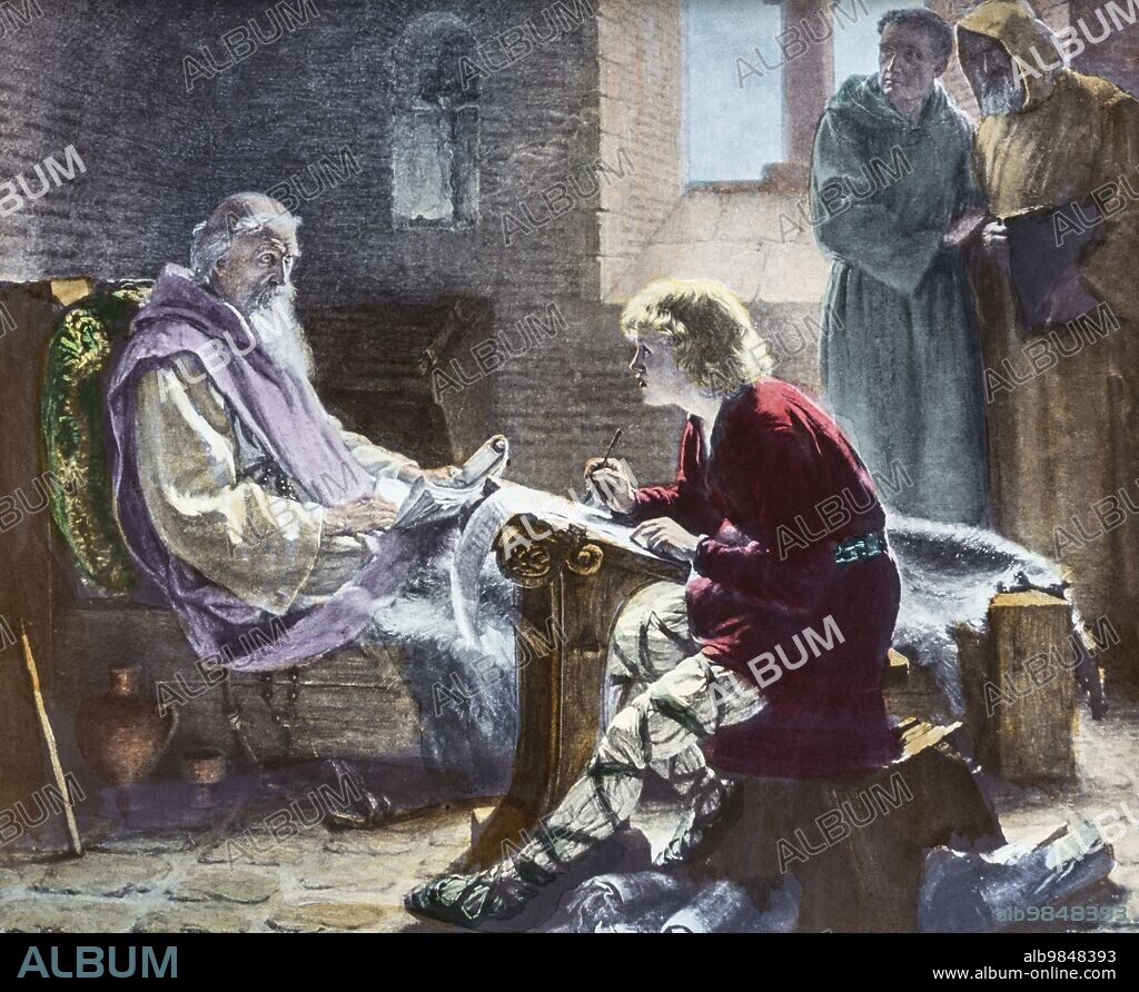 A Hand Coloured Magic Lantern Slide Circa 1900. Venerable Bede Translating The Last Chapter Of The Bible St John . Image Of Bede Only Hours Before He Died. In Attendance Are Two Of His Fellow Monks Looking Somewhat Distressed, While Bede Himself However, Carries On Working. A Young Scribe Is By His Side And He Is Determined To Finish His Present Task Before He Goes To Meet His Maker.