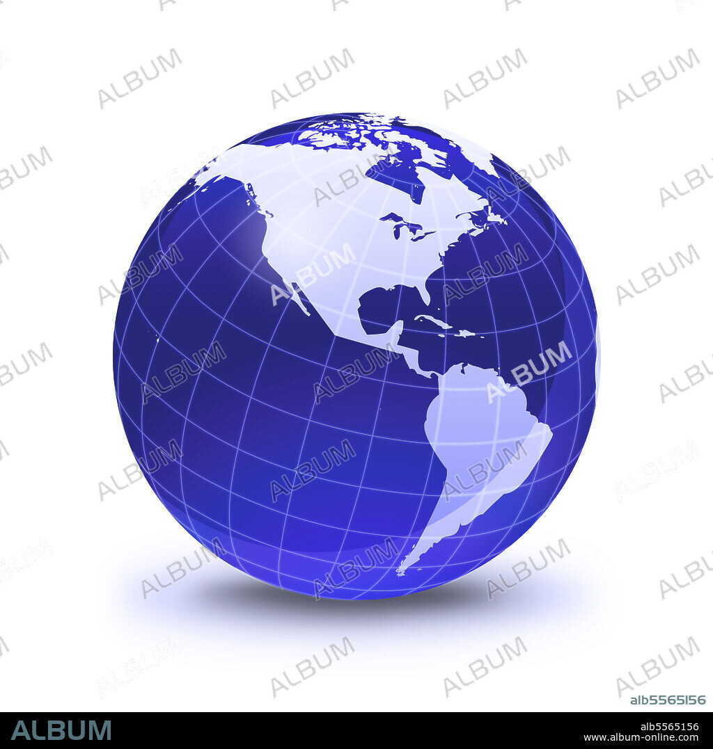 Stylized Earth globe with grid, showing North America and South America.
