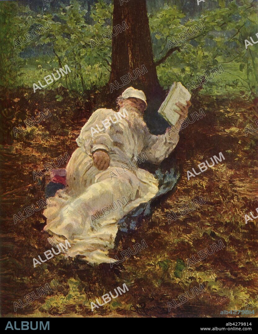 IL'YA REPIN. 'Leo Nikolayevich Tolstoy takes a Rest in the Woods', 1891, (1965). Portrait of Russian author Leo Tolstoy (1828-1910) reading in a forest. From "Russian Painting of the 18th and 19th Centuries" by Vladimir Fiala. [Artia, Czechoslovakia, 1965].