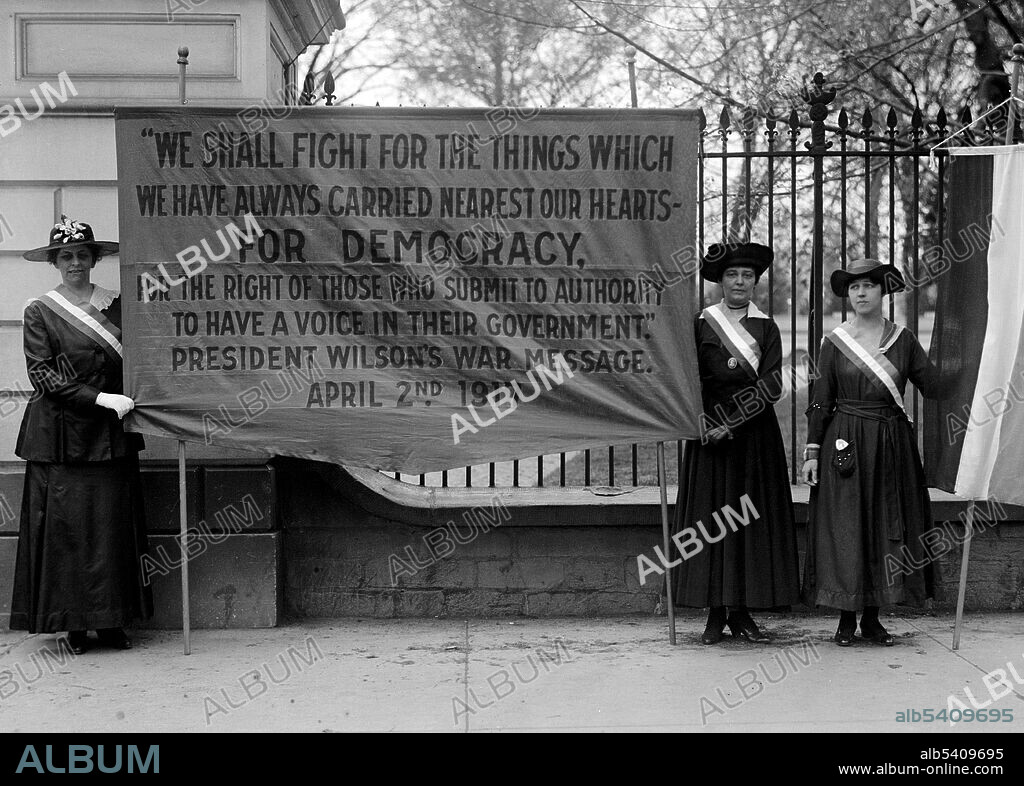 The Silent Sentinels were a group of women in favor of women's suffrage organized by Alice Paul and the National Woman's Party. At first the picketers were tolerated, but they were later arrested on charges of obstructing traffic. The women protested at the White House gates until June 4, 1919 when the Nineteenth Amendment to the Constitution was passed. Harris & Ewing, 1917 (cropped and cleaned).