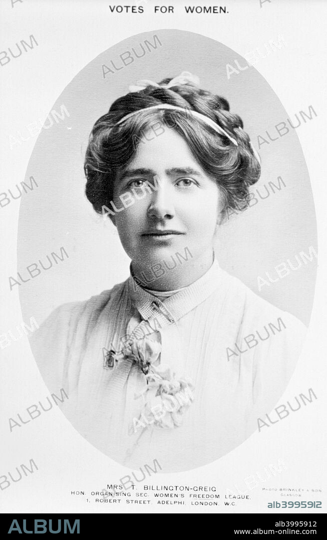 Teresa Billington-Greig, Women's Social and Political Union organiser and, after the autumn of 1907, Honorary Organising Secretary of the Women's Freedom League, c1909. Born in Preston, Teresa Billington-Greig became a teacher in 1904 and Honorary Secretary of the Manchester Equal Pay Committee. She was a friend of Emmeline Pankhurst and joined the WSPU in 1905, giving up her teaching career to become an organiser and one of the first militant activists, serving two prison sentences in Holloway Gaol. Known as 'the woman with the whip'. Teresa would interrupt Liberal meetings armed with a whip which she would whirl around her to prevent being ejected by the stewards. She left the WSPU in 1907 and was a senior figure in the WFL and a leader-writer for their newspaper The Vote. Disillusioned with the League she left in 1911 and wrote The Militant Movement, which attacked militancy and the leadership style of the Pankhursts.