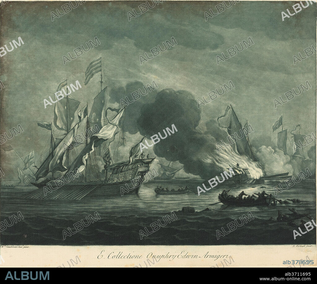 ELISHA KIRKALL AFTER WILLEM VAN DE VELDE THE ELDER. Shipping Scene from the Collection of Onuphrij Edwin. Dated: 1720s. Dimensions: plate: 33.1 x 40 cm (13 1/16 x 15 3/4 in.)  sheet: 38.9 x 45.9 cm (15 5/16 x 18 1/16 in.). Medium: mezzotint and etching printed in green and black on laid paper.