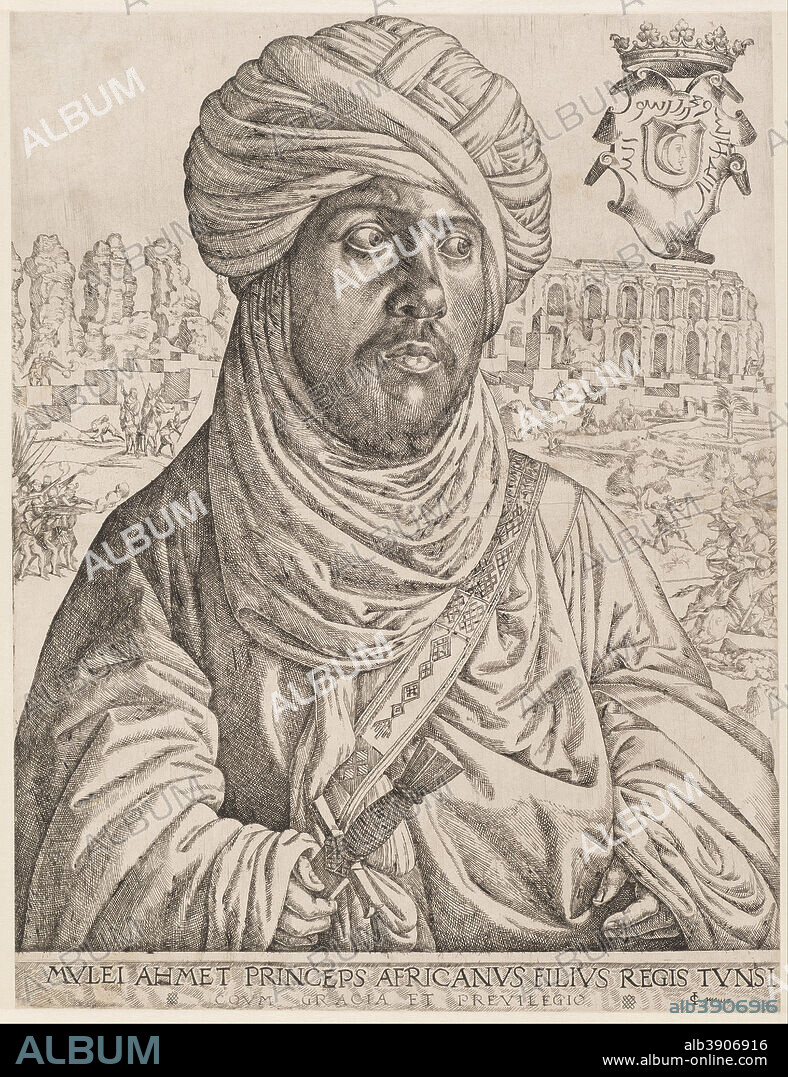 JAN CORNELISZ VERMEYEN. Portret van Muley Ahmed Portrait of Mulay Ahmad. Date/Period: Ca. 1535 - 1536. Print. Etching. Height: 464 mm (18.26 in); Width: 377 mm (14.84 in).