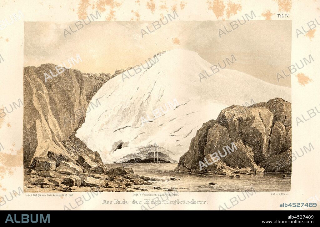 The end of the back ice glacier, Illustration of the Hintere glacier with glacier river from 1847, signed: Nach d Nat., signed by Herm., Schlagintweit, 1847, lith., H. Mützel, plate IV, after S, 159, Schlagintweit, Hermann (gez.); Mützel, H. (lith.);, 1847, Hermann Schlagintweit; Adolph Schlagintweit;.