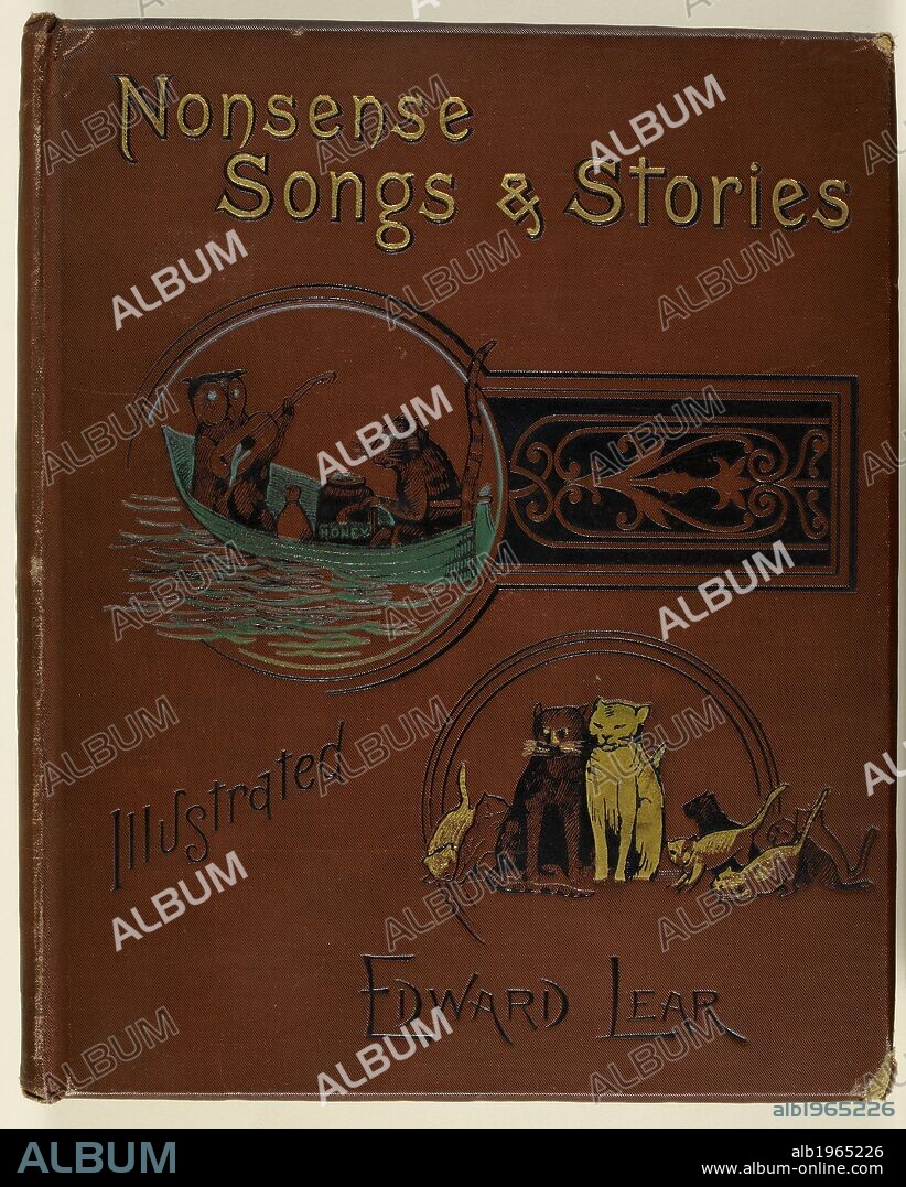 Front cover of Edward Lear's Nonsense Songs and Stories, with illustration of the Owl and the Pussycat, and a family of cats. . A Book of Nonsense ... With all the original pictures and verses. George Routledge & Sons: London, [1910.]. Source: 12812.bb.26 front binding. Language: English.