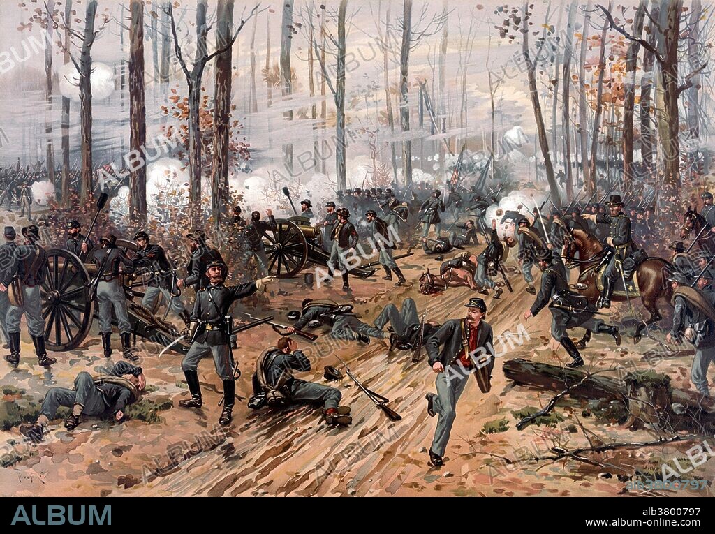The Battle of Shiloh was a major battle of the American Civil War, April 6-7, 1862, in Tennessee. The Union army under General Ulysses S. Grant had moved down the Tennessee River deep into Tennessee and was encamped at Pittsburg Landing on the west bank of the river. Confederate forces under Generals Albert Sidney Johnston and P. G. T. Beauregard launched a surprise attack on Grant there. The Confederates achieved considerable success on the first day, but were ultimately defeated on the second day. Chromolithograph published by L. Prang & Company from painting by Thure de Thulstrup, 1888.