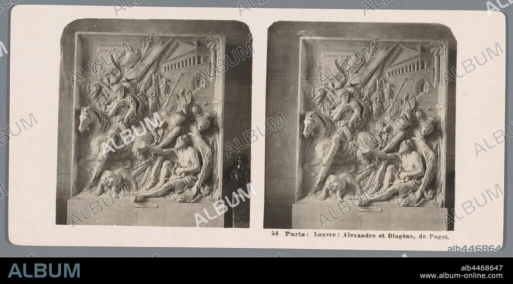 Relief of Pierre Puget in the Musée du Louvre in Paris, representing the meeting of Alexander the Great and Diogenes of Sinope Paris: Louvre: Alexandre et Diogène, the Puget (title on object), Alexander's visit to Diogenes, who sits by his barrel and asks Alexander to get out of his light, permanent exhibition, museum, sculpture (relief, sculpture), Neue Photographische Gesellschaft (mentioned on object), Musée du Louvre, 1904, cardboard, photographic paper, gelatin silver print, h 88 mm × w 179 mm.