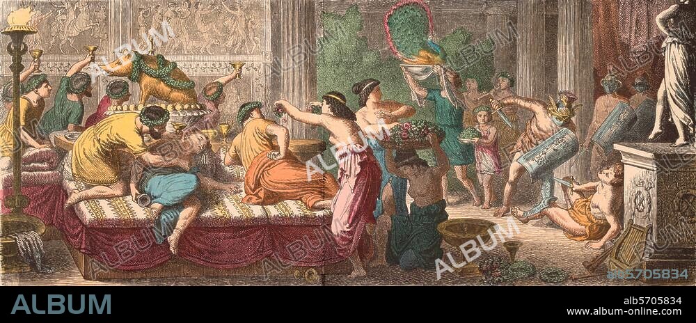 Geschichte / Antike / Gastmahl. "Die Römer: Gastmahl bei einem Vornehmen mit Gladiatorengefecht". Holzstich, altkoloriert, nach Zeichnung von Heinrich Leutemann (1824-1904). Nr. XVII der Serie: Bilder aus dem Alterthume, München (Braun & Schneider), Münchener Bilderbogen Nr. 491. Berlin, Sammlung Archiv für Kunst und Geschichte.