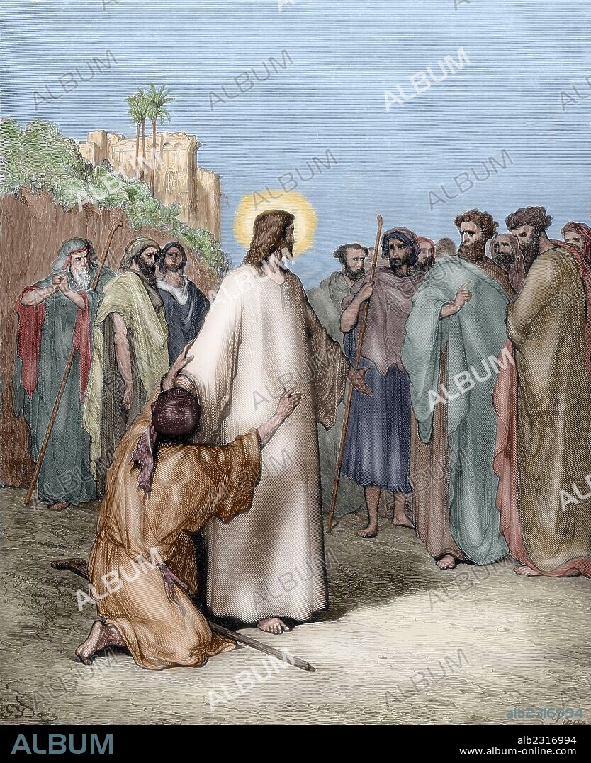 PAUL GUSTAVE DORÉ. NUEVO TESTAMENTO. JESUS CURA A UN MUDO POSEIDO POR EL DEMONIO. Evangelio de San Mateo. Capítulo IX, Versículo 32-38. Dibujo de Gustave Doré. Grabado por Piaud, del siglo XIX. Coloreado.
