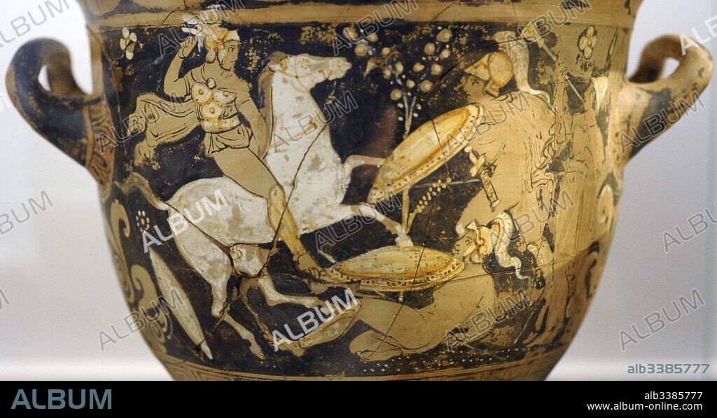 Krater depicting a battle between Samnite warriors. Detail. Made in Campania. From Montesarchio. Libation Painter. 350-325 BC. National Archeological Museum Sannio Caudino. Montesarchio. Italy.