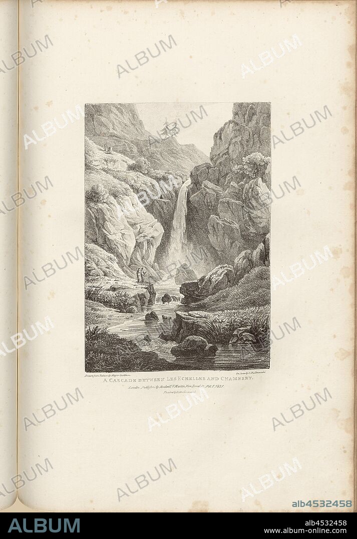 A waterfall between Les Echelles and Chambéry, Waterfall between Les Echelles and Chambéry, Signed: Major Cockburn, C. Hullmandel, Lithograph, Part 2 (Mont Cenis), Taf. 13, Cockburn, James (del.); Hullmandel, Charles Joseph (lith.), 1822, James Cockburn, Views to illustrate the route of the Simplon; Views to illustrate the route of Mount Cenis. London: Rodwell & Martin, 1822.