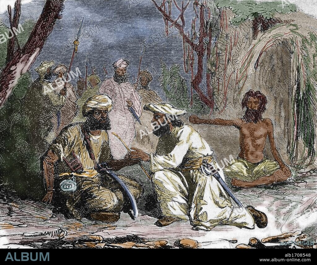 HISTORIA DE LA INDIA. REBELION DE LOS CIPAYOS (1857). Revolución india que estalló como reacción contra la política colonial británica. En 1857 se sublevaron los cipayos, soldados indígenas al servicio inglés, lo que privó de toda autoridad a la Compañía de las Indias Orientales (1858). "CIPAYOS CONSPIRANDO". Grabado coloreado.