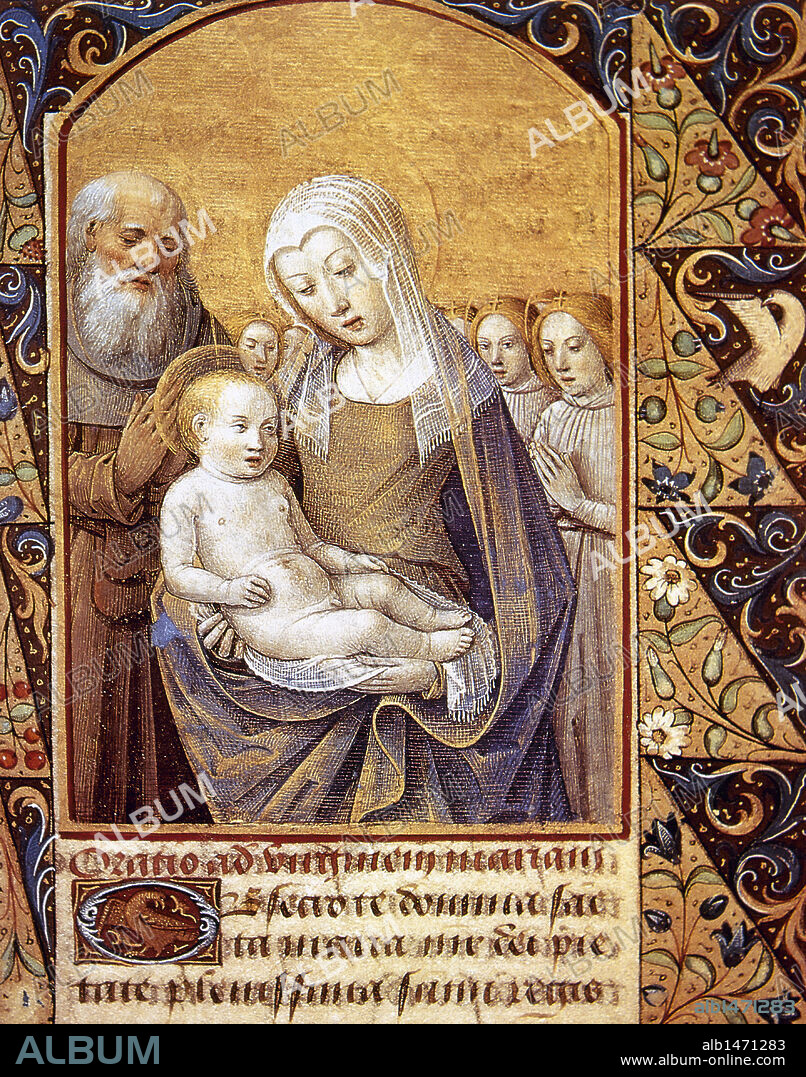 "LA VIRGEN MARIA CON EL NIÑO JESUS EN BRAZOS, SAN JOSE, y ANGELES". Miniatura del Libro de Horas de la Vida de la Virgen, fechado a finales del S. XV. Biblioteca Apostolica Vaticana. Ciudad del Vaticano.