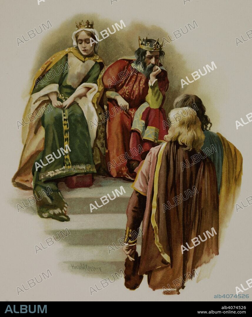 WILLIAM SHAKESPEARE. King Claudius and Queen Gertrude of Denmark. Before them are Rosencrantz and Guildenstern. Act IV. Scene I, from 'Hamlet'. Hamlet. Tuck & Sons: London, 1897. Colour illustration. Source: 11764.m.9, opposite 50. Language: English.