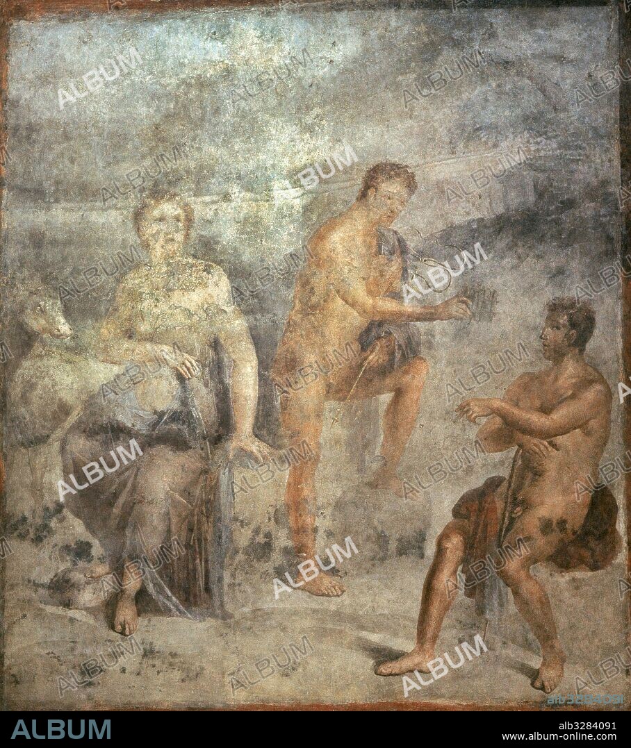 Sacerdotisa Io, Argos y Hermes. Fresco romano de la zona central de norte del muro del Ekklesiasterion, Templo de Isis, Pompeya. Museo Arqueológico Nacional. Nápoles. Italia.