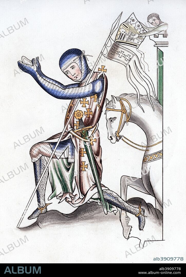 Knight, late 12th century, (1843). The knight seems to be a crusader in coat and hood of mail with a silk surcoat ornamented with crosses. The surcoat came from the east and helped stop armour getting too hot from sun's rays. His legs are clad in chausses, with spurs. Illustration from Dresses and Decorations of the Middle Ages from the Seventh to the Seventeenth Centuries, by Henry Shaw, (London, 1843).