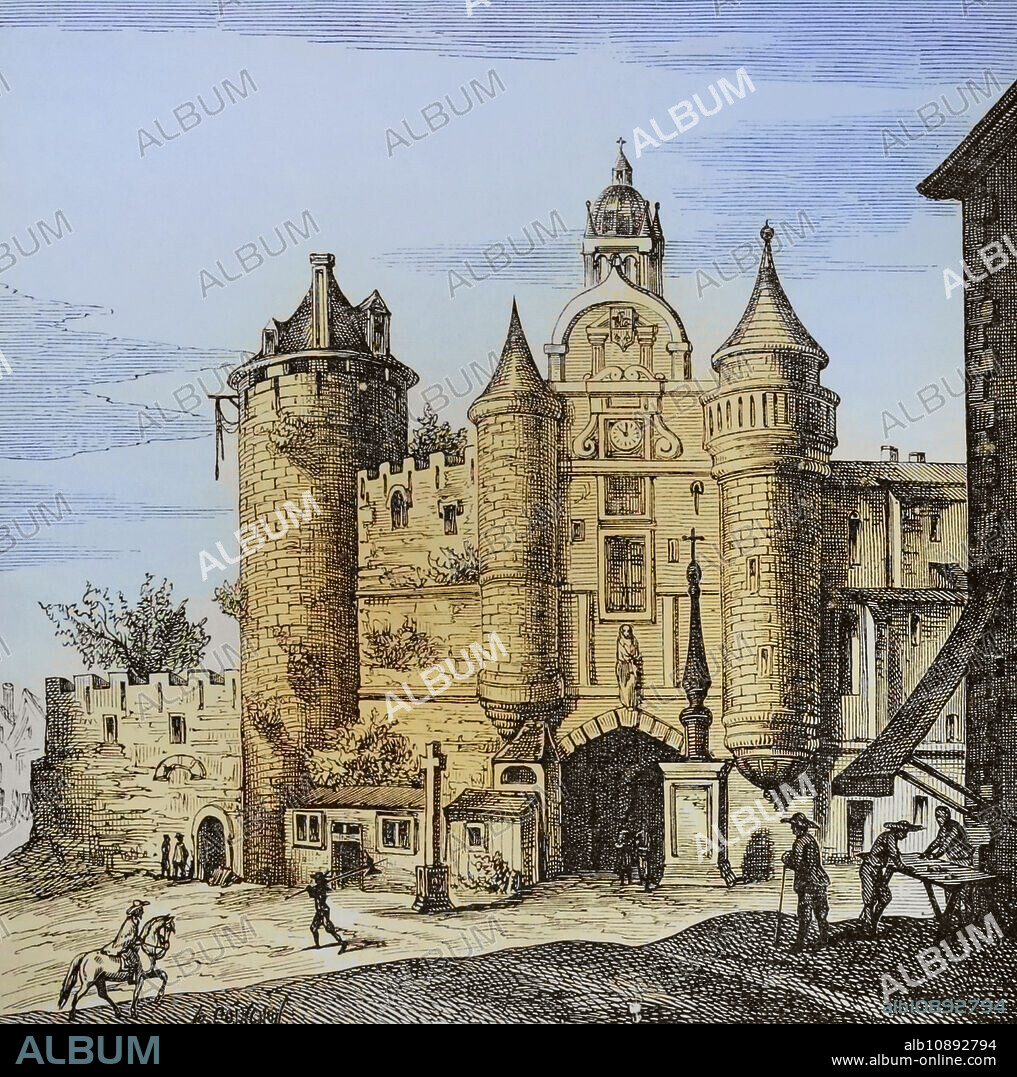 Paris, France. The Grand Châtelet. Fortress built by King Louis VI (1081-1137) on the right bank of the Seine River. It was rebuilt in stone after the Norman incursions. After its use as a fortress was discarded, it became the Provost of Paris' headquarter, housing prisons and torture chambers. It was demolished in 1808 by order of Napoleon. Main façade. Facsimile after an engraving by Matthäus Merian in "Topographia Galliae", by Martin Zeiler. Published Frankfurt, 1655. Later colouration. "Moeurs, usages et costumes au moyen-âge et à l'époque de la Renaissance", by Paul Lacroix. Paris, 1878.