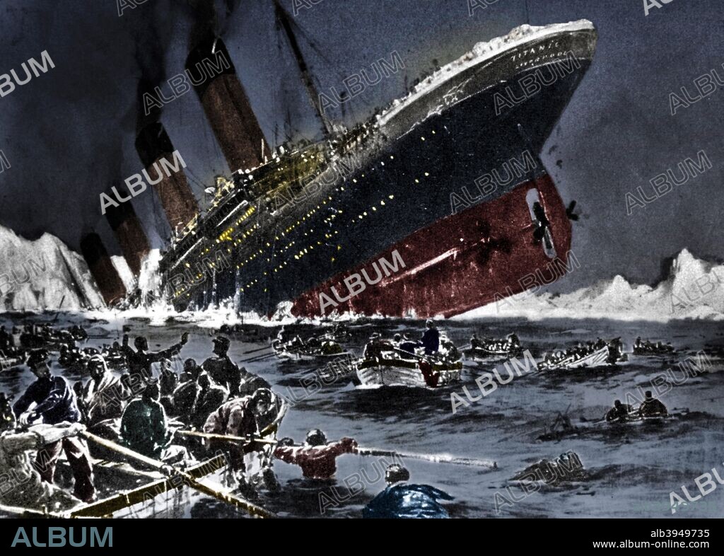 The sinking of SS Titanic, 14 April 1912. An artist's impression of the ship going down. Operated by the White Star Line, on 14 April 1912 SS Titanic struck an iceberg in thick fog off Newfoundland. She was the largest and most luxurious ocean liner of her time, and thought to be unsinkable. In the collision five of her watertight compartments were compromised and she sank. Out of the 2228 people on board, only 705 survived. A major cause of the loss of life was the insufficient number of lifeboats she carried.  (Colorised black and white print).