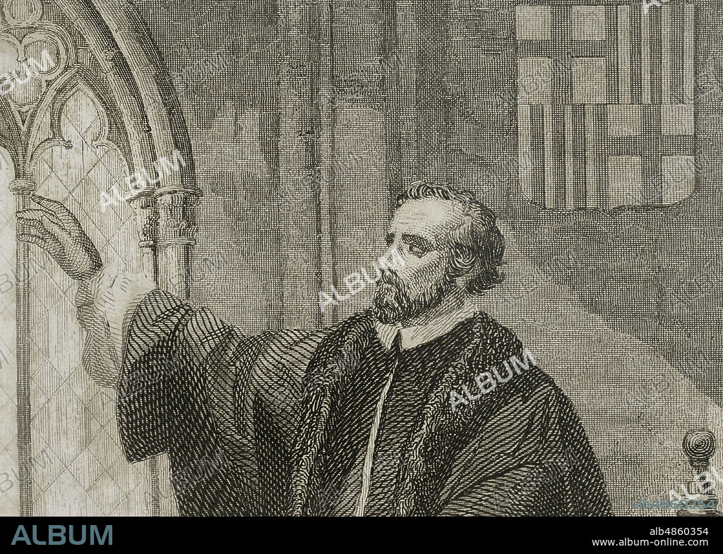 Pau Claris i Casademunt (1586-1641). Político y eclesiástico catalán, canónigo de la catedral de Urgel, y 94º presidente de la Generalitat de Cataluña (1638-1641) al inicio de la Guerra de los Segadores. Retrato. Dibujo por Urrabieta. Grabado por J. Nicolau. Detalle. Historia de Cataluña y de la Corona de Aragón, por Victor Balaguer. Barcelona,1863.