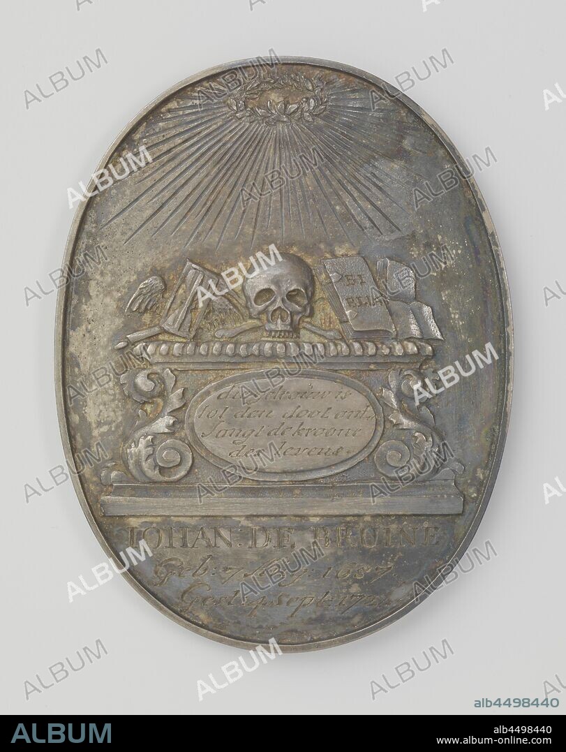Death of Johannes de Bruine, pastor in De Knipe, Staveren, Sluis, Wezel, Dordrecht and The Hague, Silver oval medal. Obverse: skull, extinguished torch, winged hourglass, bible and other books on altar with medallion with inscription, above it radiant olive wreath, cut off: inscription. Reverse: inscription, below mark and master marks, De Knipe, Stavoren, Wesel, Dordrecht, The Hague, Johannes de Bruine, Tielman Sluyter, Netherlands, 1722, silver (metal), striking (metalworking), l 7.3 cm × w 5.7 cm × w 500 gr.