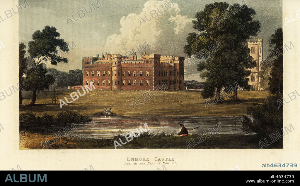 Enmore Castle, Somerset, the seat of John James Perceval, 3rd Earl of Egmont. Gothic rectangular castle with dry foss and drawbridge, crenellated church nearby. Handcoloured copperplate engraving from Rudolph Ackermanns Repository of Arts, London, 1826.