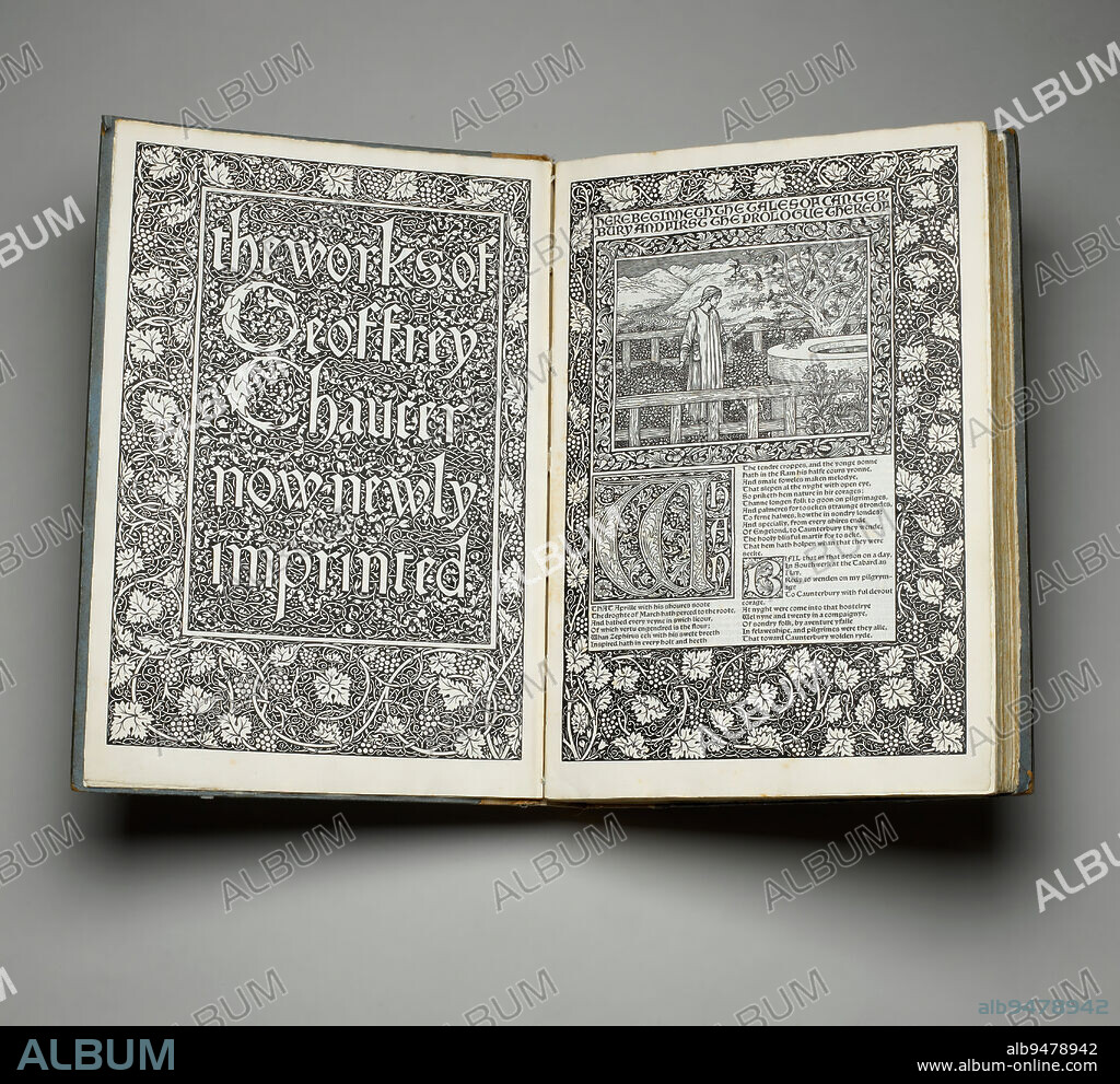 The Works of Geoffrey Chaucer, now Newly Imprinted, 1896, William Morris; Author: Geoffrey Chaucer; Illustrator: Edward Coley Burne-Jones; Engraver: Wood engravings by William Harcourt Hooper; Editor: Frederick S. Ellis; Printer: William Morris at Kelmscott Press, Hammersmith, England; Publisher: Kelmscott Press, Hammersmith, England, British, 1834 - 1896, 17 x 12 x 2 5/8 in. (43.18 x 30.48 x 6.67 cm) (closed), Wood engravings, letterpress in black and red ink; bound volume, England, 19th century.