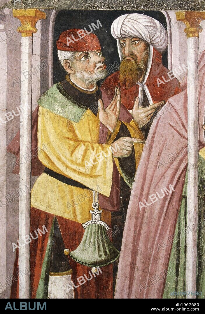 Jews in medieval oriental clothes, detail from the Remorse of Judas, fresco, by Giovanni Canavesio, 1491, in the Notre-Dame des Fontaines Chapel, La Brigue. France, 15th century.