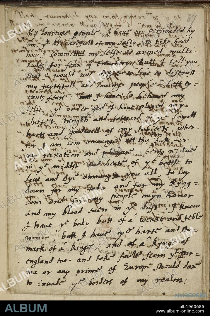 The Tilbury Speech of Queen Elizabeth I. Letters and Papers on State Affairs. England. [Whole folio] The Tilbury Speech, delivered by Queen Elizabeth I to her troops assembled at Tilbury Camp to defend the realm against the Spanish Armada, July 1588. This copy was probably produced by the Rev. Dr. Lionel Sharp, chaplain to the Earl of Leicester, the Queen's Lietuenant General. July 1588.  Image taken from Letters and Papers on State Affairs  Originally produced in England; 1588 . Source: Harley 6798, f.87. Language: English.