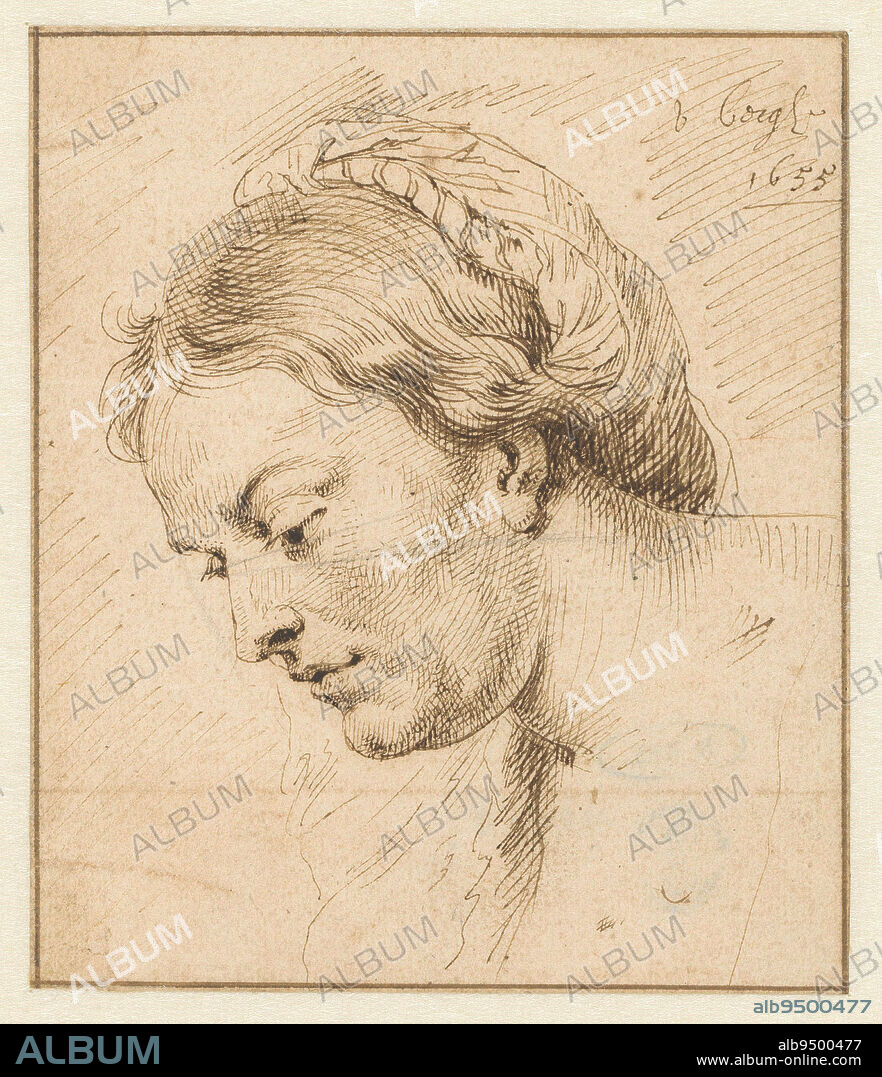 Female head, Matthys van den Bergh, after Peter Paul Rubens, 1655, draughtsman: Matthys van den Bergh, after: Peter Paul Rubens, 1655, paper, pen, h 121 mm × w 103 mm.