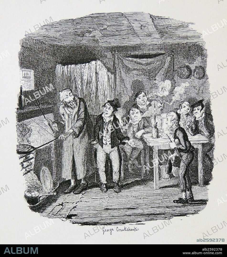 The Artful Dodger introducing Oliver to Fagin and the boys in the thieves' kitchen. George Cruikshank illustration for ''Oliver Twist'',.