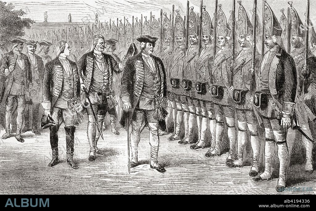 Frederick William I inspecting his giant guards known as The Potsdam Giants, a Prussian infantry regiment No 6, composed of taller-than-average soldiers.  Frederick William I of Prussia, 1688 - 1740, aka Soldier King.  King in Prussia and Elector of Brandenburg.  From Ward and Lock's Illustrated History of the World, published c.1882.