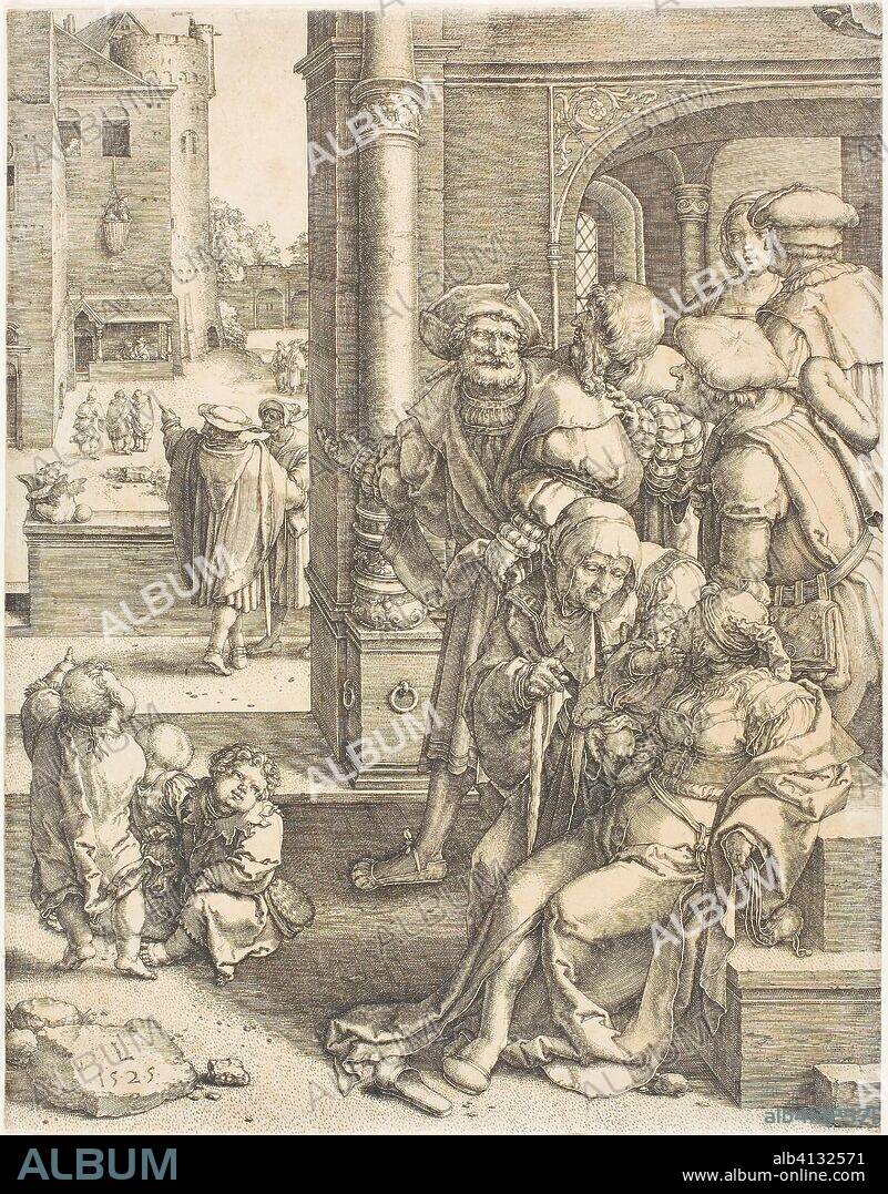 The Poet Virgil Suspended in a Basket. Lucas van Leyden; Netherlandish, 1494-1533. Date: 1525. Dimensions: 240 x 186 mm (image/sheet, trimmed within plate mark). Engraving in black on cream laid paper. Origin: Netherlands.