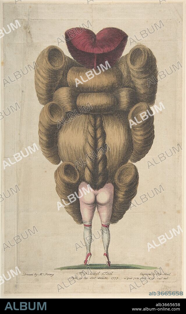Top and Tail. Artist: Anonymous, British, 18th century; Ascribed to Miss Heel (British, 18th century); After Mr. Perwig (British, 18th century). Dimensions: plate: 12 11/16 x 7 13/16 in. (32.3 x 19.9 cm)
sheet: 14 1/16 x 8 9/16 in. (35.7 x 21.8 cm). Date: 1777.
To modern eyes this design looks surreal but it is actually a fashionable, erotic variant of a seventeenth-century print type. Known as Nobody prints, these featured figures composed only of legs and heads, with nothing in between, and the resulting verbal-visual pun was aimed critically at specified target. Here, the elegant female "no-body" is composed of a huge, elaborately dressed, wig sitting atop a bare derriere, with her lower extremities clad in white silk stockings, red garters, and high heeled pumps. Like other fashion satires that mocked the latest trends, this example took aim at the enormous hairdos and wigs that women favored in Britain and France before the French Revolution. The title and partial nudity frankly acknowledges the sexual appeal of the fashion while simultaneously suggesting that those who followed it were literally brainless.