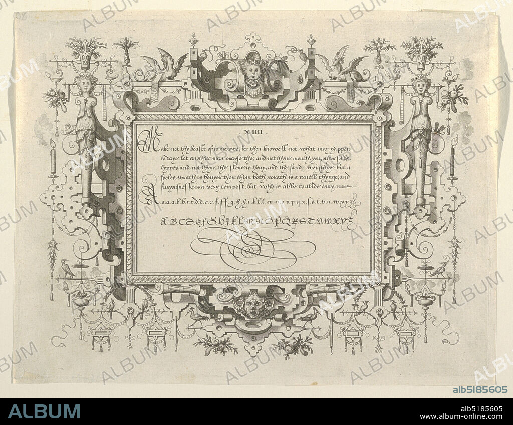 Plate XIV, from the 'Exercitatio Alphabetica', Clément Perret, 1569/71?, Cornelis de Hooghe, ?1583, Hans Vredeman de Vries, Dutch, 1527 - ca. 1606, ATA, Engraving on white laid paper, The lettering consists of a sentence: Make not thy boaste of tomorrow, etc., an alphabet., Netherlands, 156869, Print, Print.