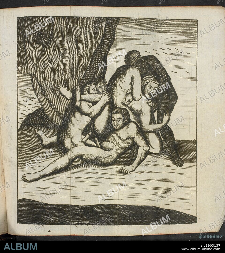 An engraving from a book about the life of a woman. One woman and a group of several men having sex. . Joannis Meursii ElegantiÃ¦ Latini sermonis. (AloisiÃ¦ SigeÃ¦ ... SatyrÃ¦ SotadicÃ¦ ... Pars altera.). France. Joannis Meursii ElegantiÃ¦ Latini sermonis. (AloisiÃ¦ SigeÃ¦ ... SatyrÃ¦ SotadicÃ¦ ... Pars altera.) [An edition of the work by Nicolas Chorier, ascribed by him to Aloisia Sygaea. Here wrongly attributed to Meursius.] MEURSIUS, Joannes, the Younger. [c. 1690.]. Source: PC.30.I.10 pullout 1. Language: Latin.