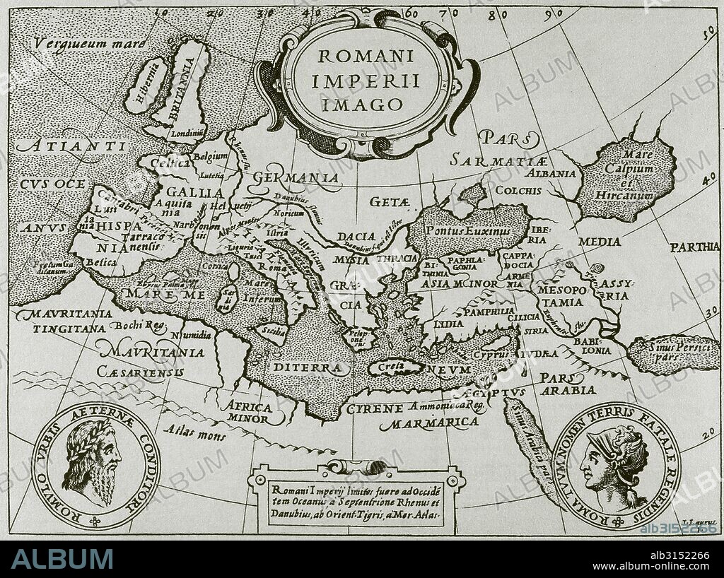 MAPA DEL IMPERIO ROMANO. Grabado de la obra "Meraviglie della Roma Antica" escrita por Giacomo Lauro (siglo XVI). Italia.