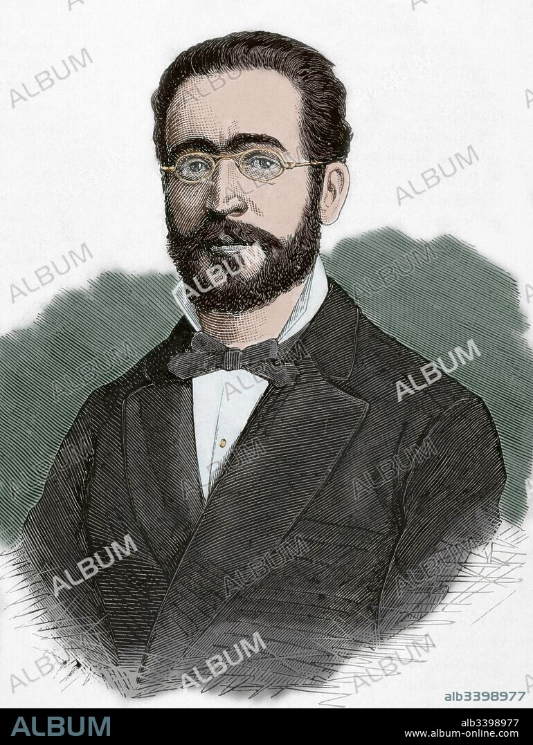 Ruperto Chapí (1851-1909). Compositor español de zarzuelas. Retrato. Grabado por Ovejero. La Ilustración Española y Americana, 1878. Coloreado.
