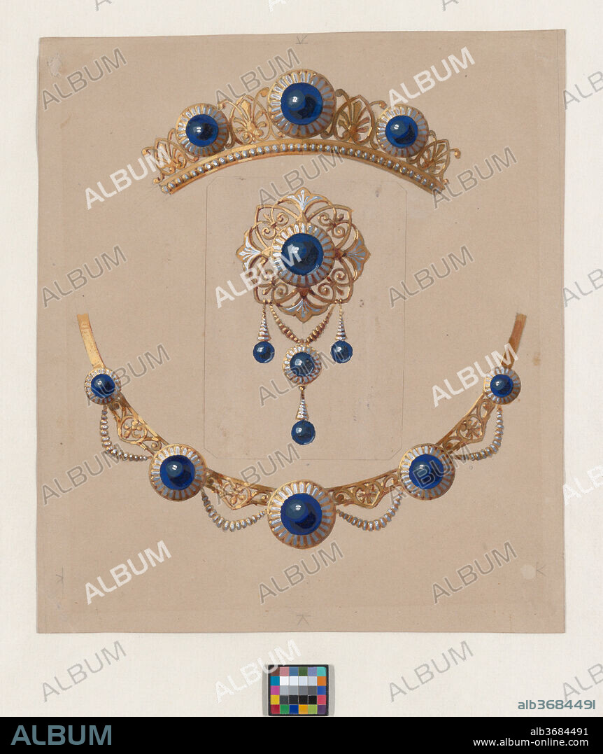 Parure of diadem, brooch and necklace with lapis lazuli and enamel. Artist: Alexis Falize (French, 1811-98). Dimensions: Sheet: 8 1/16 × 7 1/16 in. (20.5 × 17.9 cm)
Album: 14 3/16 in. × 11 in. × 9/16 in. (36 × 28 × 1.5 cm). Date: ca. 1830-70.
Drawing with designs for a parure of diadem, brooch, and necklace with lapis lazuli and enamel, created by French jeweler Alexis Falize in the Second Empire. All three designs feature roundels made up of a central, round, dark blue lapislazuli stone, framed by a golden roundel with rectangles of white enamel, possibly made to simulate baguette-cut diamonds or brilliants. The diadem consists of three of these roundels, separated by heart motifs made up of gold scrolling motifs, over a strip of round brilliants or diamonds framed by two strips of gold. The design for the brooch consists of one of this roundel, framed inside interlacing scrolling motifs made of gold and semi-abstract fleur-de-lis motifs, also made of gold, and decorated with white enamel. From this central frame hang two gold pyramids with horizontal stripes of white enamel and a round lapislazuli stone at the bottom, and a strip of golden round beads, which holds a smaller roundel, from which hangs another gold pyramid with horizontal stripes of white enamel and a round lapislazuli stone on its bottom. The necklace consists of five roundels of different sizes, the largest one in the center, separated by scrolls of gold that form heart motifs and flowers, and strips of round brilliants or diamonds that hang under the golden scrolling motifs. These designs reveal are of the style of the Second Empire in France, which were inspired on Greek and Roman antiquity and Mediterranean cultures, and featured compositions with semi-precious stones, such as turquoise and lapislazuli, together with enamel and gold.