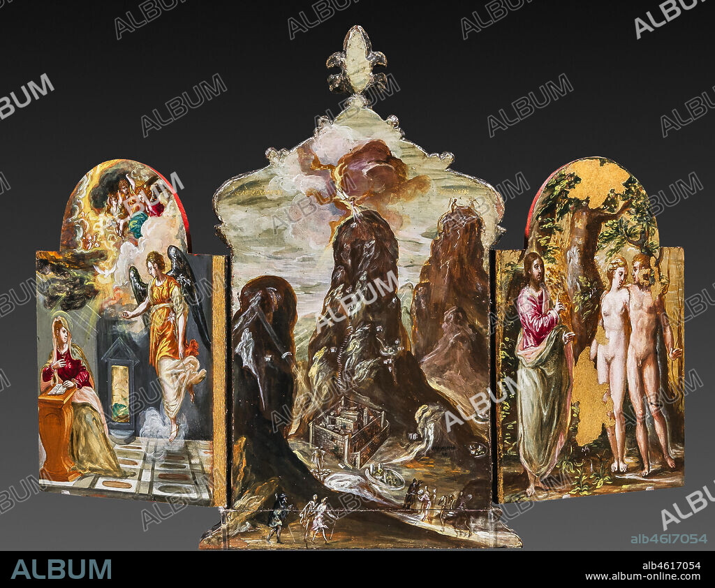 Modena, Galleria Estense: Portable altar by Domenico Theotokòpoulòs known as El Greco . (1541-1614). Tempera grassa panel. Back side with "Annunciation" on the left door panel, "The Handing over of the Tablets of the Law at mount Sinai" on the centre, "Adm and Eve facing the Eternal Father" on the right .