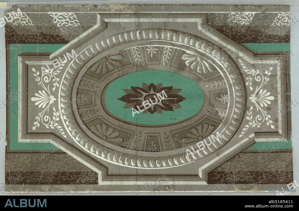 Frieze, Block-printed on handmade paper, Grisaille pattern with solid bright green background. Central elipse with shaded interior simulating miniature dome with coffered ceiling decorated with formalized floral ornament. Central bright green elipse with formalized flower. This elipse set in stepped octagon decorated with classic revival ornament, palmettes, etc. Top and bottom: banding in shaded grisaille of seaweed pattern., England or France, 1830, Wallcoverings, Frieze.