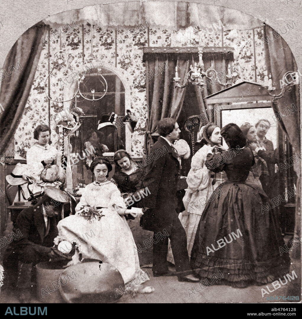 Essayage de chapeaux chez la modiste. (Un billet est passe entre l'homme et la femme assise). Detail d'une stereophotographie anonyme vers 1860. Credit : Collection Avant-Demain/Kharbine-Tapabor.