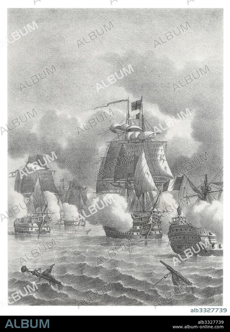 Historia de España. Batalla naval de Trafalgar el 21 de octubre de 1805 que acabó con la derrota de la armada francoespañola ante la Tercera Coalición integrada por el Reino Unido, Austria, el imperio ruso, el reino de Nápoles y Suecia. Grabado de 1880.