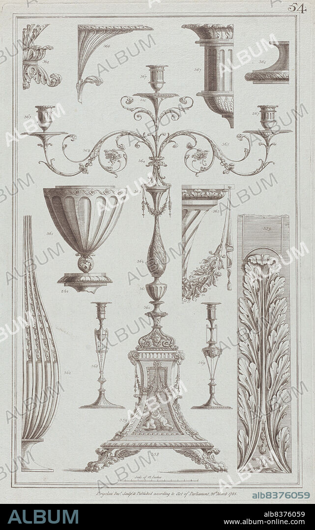 MICHELANGELO PERGOLESI. Candelabra, Vessels and Ornament, nos. 358-369 ("Designs for Various Ornaments," pl. 54), March 20, 1785.
